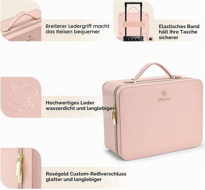 Leder-Kosmetiktasche mit LED-beleuchtetem Spiegel Reise-Kosmetikkoffer Einstellbare Helligkeit in 3