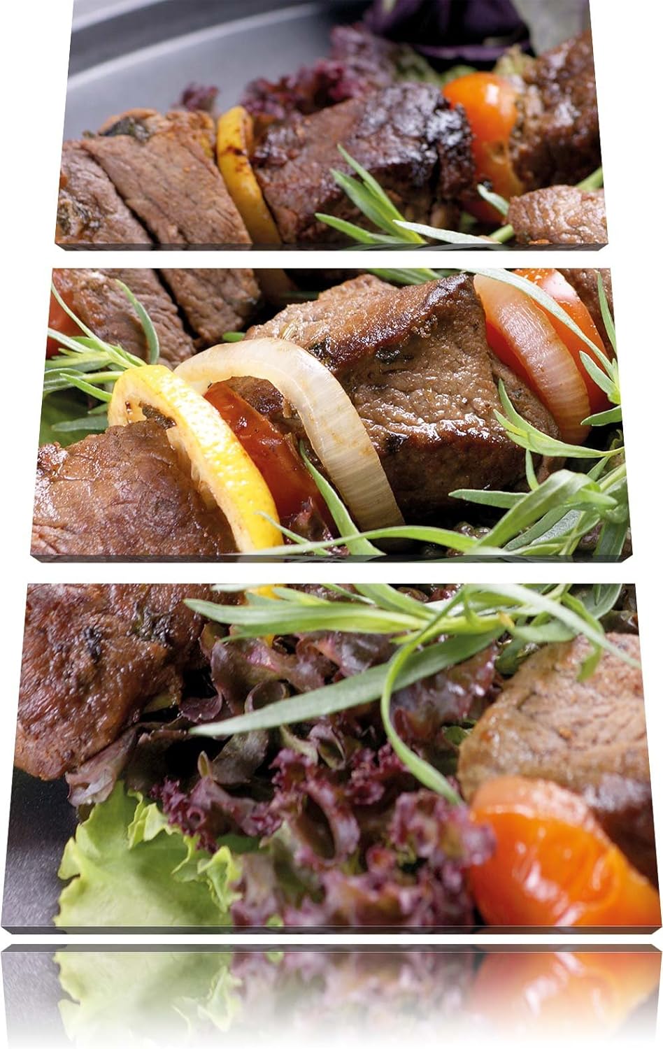 Pixxprint Schaschlik Fleischspiess / 3-Teilig/Gesamtmass 120cm Leinwandbild bespannt auf Holzrahmen/