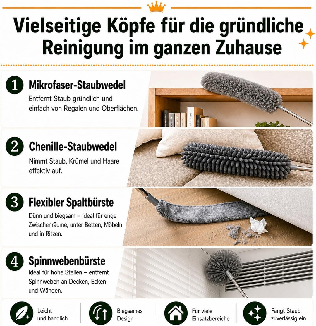Staubwedel Teleskop Lang Ausziehbar, Staubwischer Waschbar Spinnwebenbesen mit Teleskopstiel, Spinne