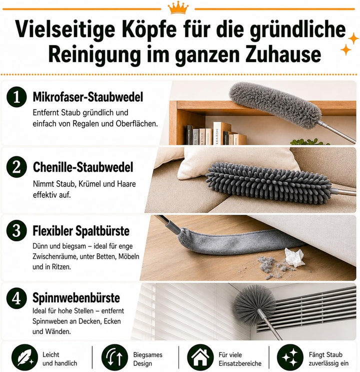 Staubwedel Teleskop Lang Ausziehbar, Staubwischer Waschbar Spinnwebenbesen mit Teleskopstiel, Spinne