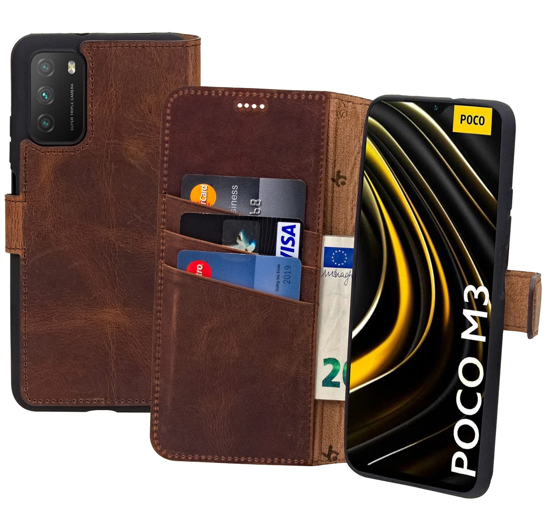 Suncase Book-Style Hülle kompatibel mit Xiaomi Poco M3 Leder Tasche (Slim-Fit) Lederhülle Handytasch