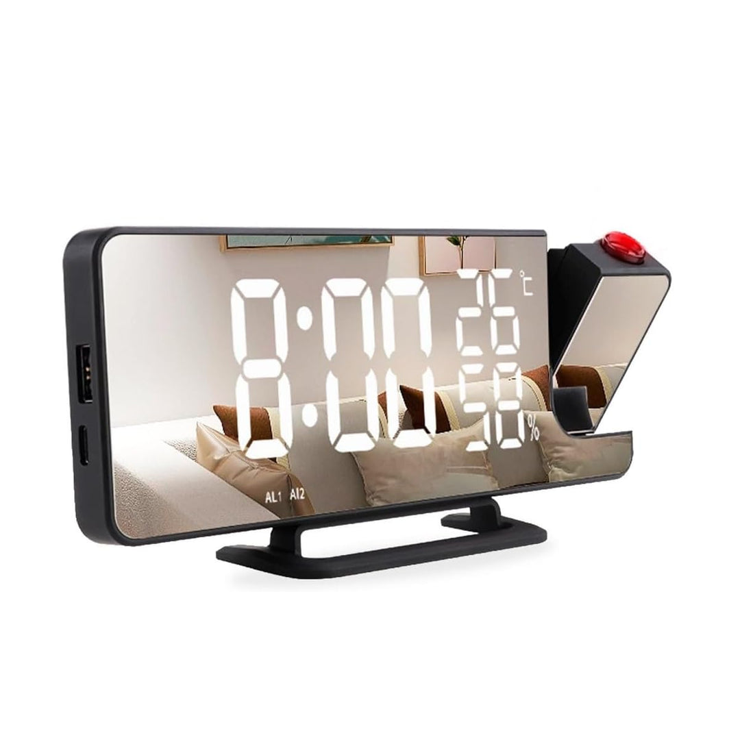 Schwarzer Wecker mit Led-Display, Doppelalarm, Schlummerfunktion, USB-Anschluss und Temperatursensor