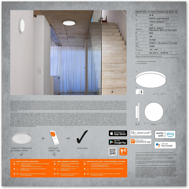 Ledvance Smarte LED Deckenleuchte, Panel für Innen mit WiFi Technologie, Lichtfarbe änderbar (3000K-