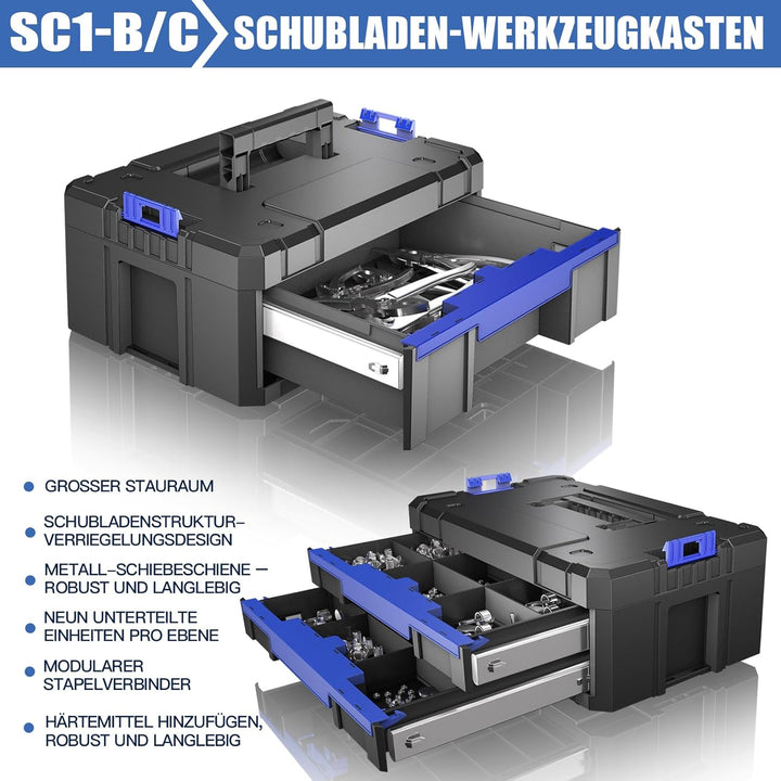 5-Lagiger Werkzeugkoffer Leer mit Rollen,Modularer,Stapelbarer Werkzeugkiste,Tragbarer Werkzeugkaste