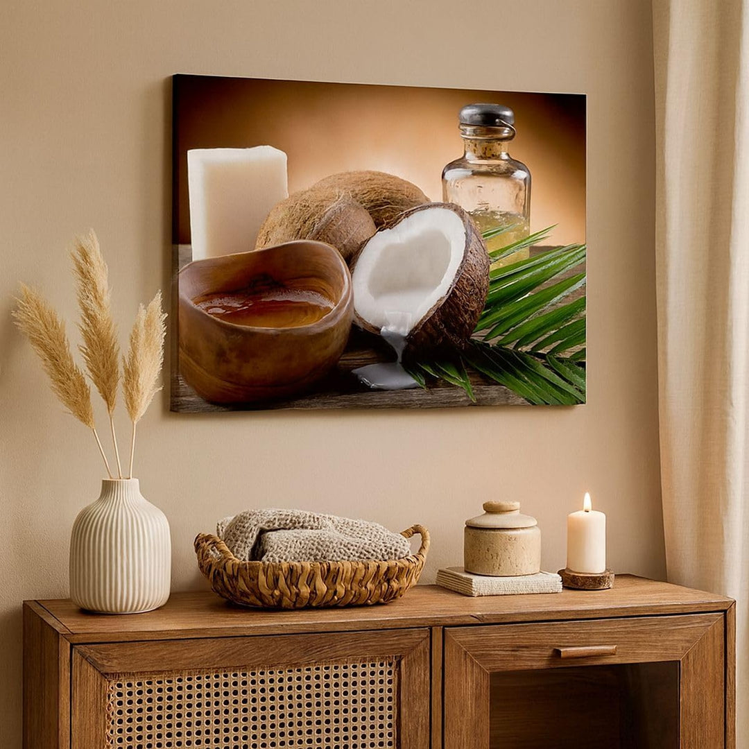 Bilder auf Leinwand 100x70cm Leinwandbild Kokosnuss Öl Seife Handfläche Gross Wanddeko Bild Schlafzi