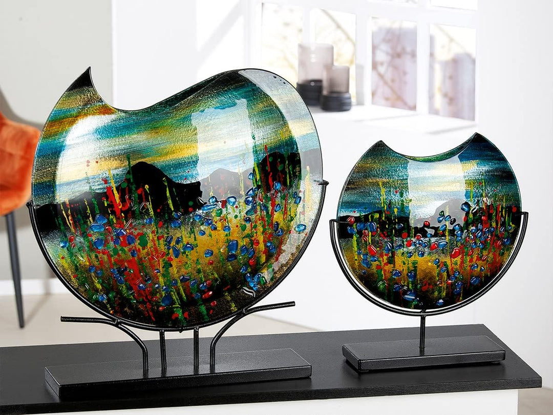 GILDE GLAS art Deko runde Vase auf schwarzem Metall Fuss - handbemalt mit Glaselementen - Kunstobjek