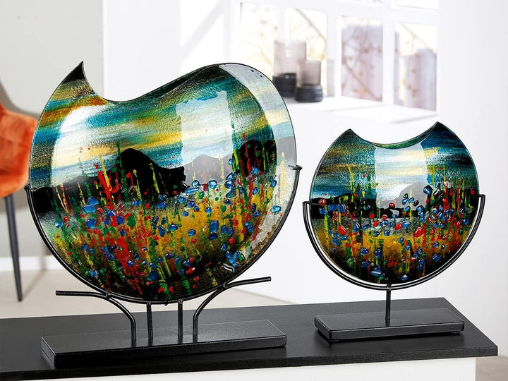 GILDE GLAS art Deko runde Vase auf schwarzem Metall Fuss - handbemalt mit Glaselementen - Kunstobjek