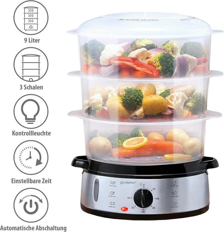 alpina Dampfgarer Elektrisch 800W - 3 Schicht Dampfgarer Baby BPA Frei - Reiskocher Spülmaschinenfes