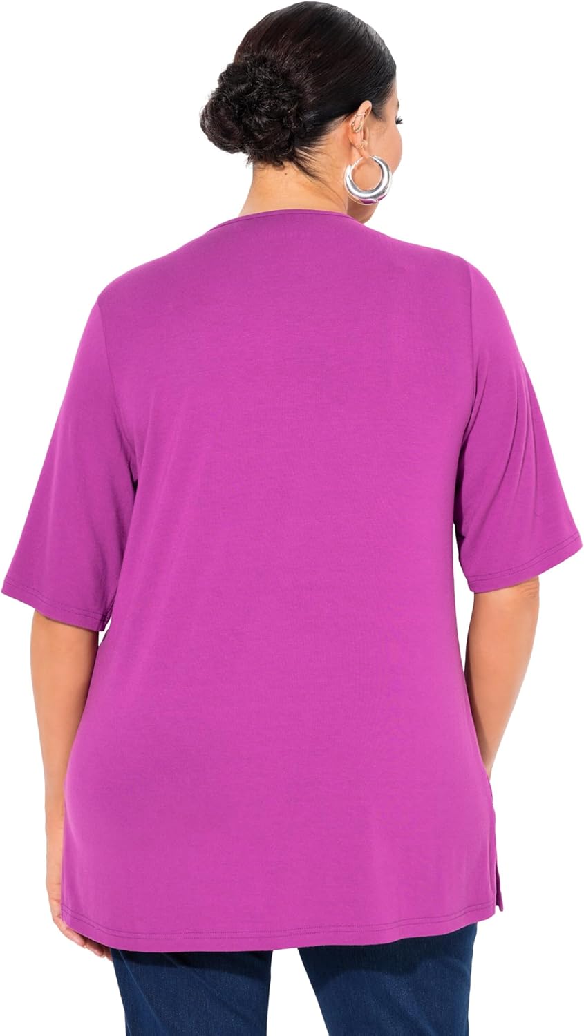 Ulla Popken Damen T-Shirt, vorne doppellagig, V-Ausschnitt, Halbarm, Brombeere