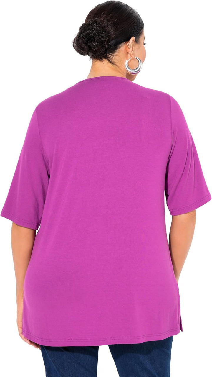 Ulla Popken Damen T-Shirt, vorne doppellagig, V-Ausschnitt, Halbarm, Brombeere