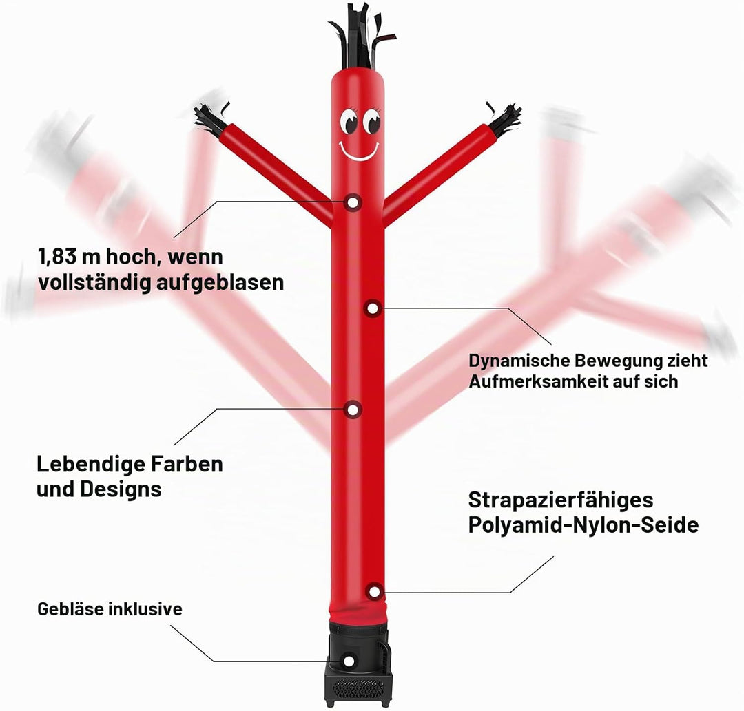 MOUNTO Fliegenpuppe Tänzerin mit 1/3 PS Gebläse, 1,8 m, Rot Rot/Ausflug, einfarbig (Getaway Solids),