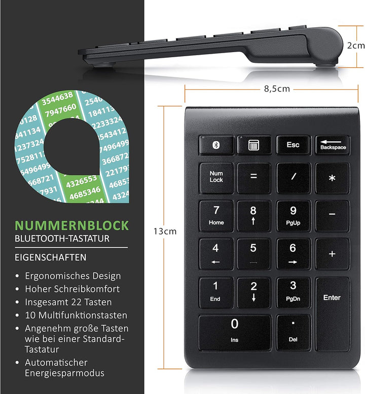 CSL - Numpad Bluetooth - Ziffernblock kabellos - Keypad mit 22 Tasten - 10 Multifunktionstasten Mult