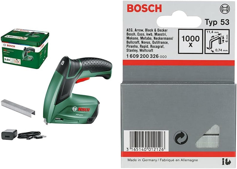 Bosch Akku Tacker PTK 3,6 LI (Integrierter Akku, 3,6 Volt, 30 Schläge/min, in Metalldose) & Professi