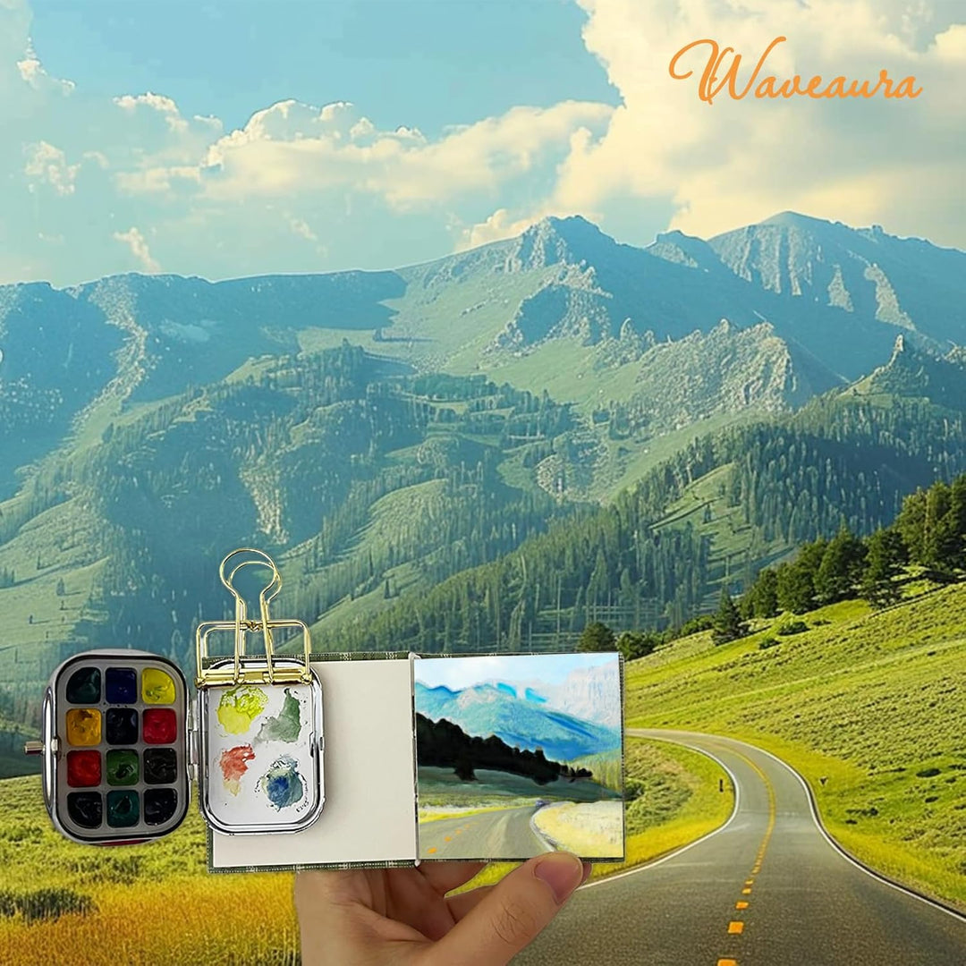 Mini Aquarell Set Unterwegs 12er Leerpalette, 6x6 cm Mini Skizzenbuch 300g/m², Wassertankpinsel & Me