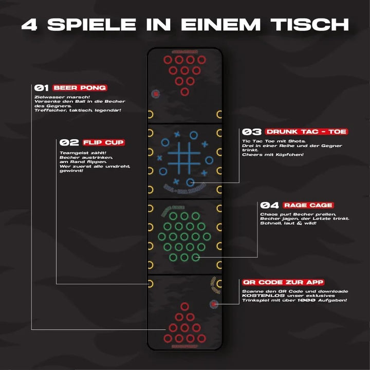 Beer Pong Tisch 4-in-1 | Flip Cup, Rage Cage, Drunk Tac Toe | Klappbarer Turniertisch 240x60x70 cm |