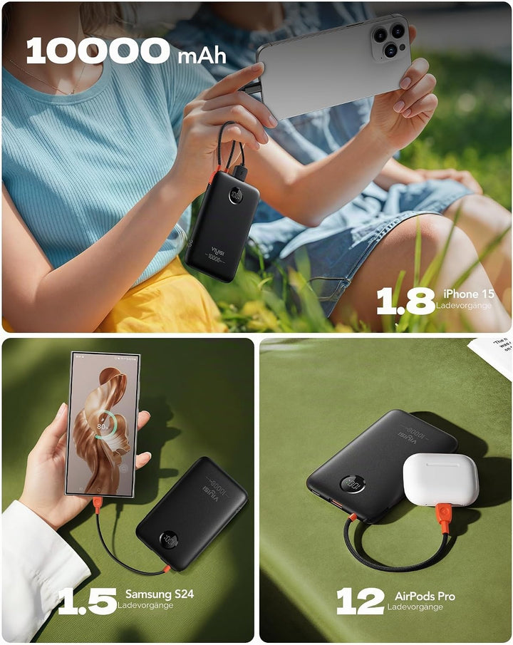 VIYISI Powerbank 10000mAh Ultradünn, 22.5W PD 20W Fast Charge mit Integriertem USB-C Kabel, LED-Anze