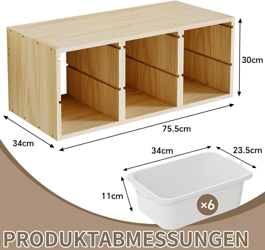 Montessori-Spielzeugregal aus Massivholz zur Wandmontage mit 6 Fächern, Spielzeugablage mit Ablagefl