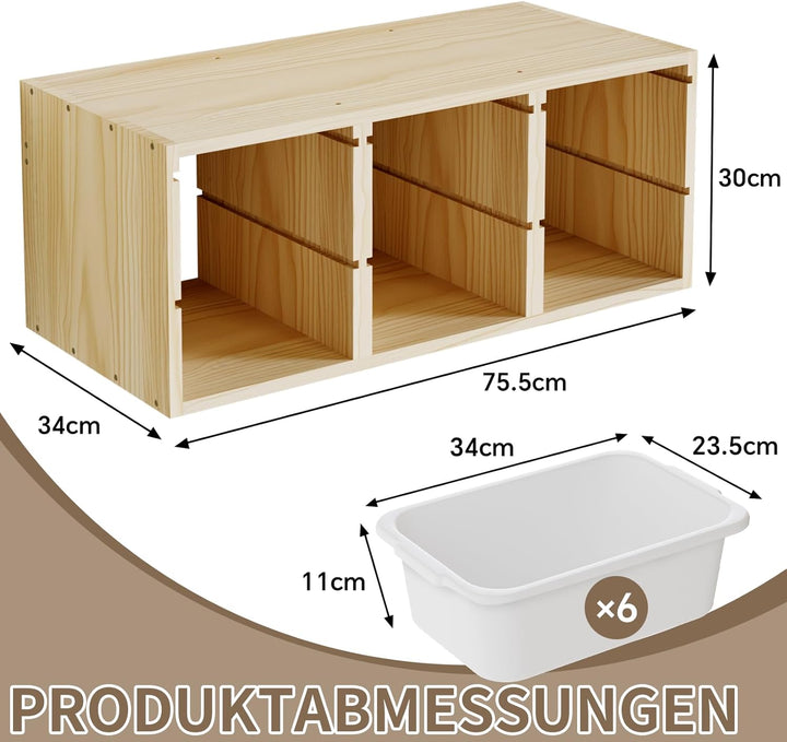 Montessori-Spielzeugregal aus Massivholz zur Wandmontage mit 6 Fächern, Spielzeugablage mit Ablagefl