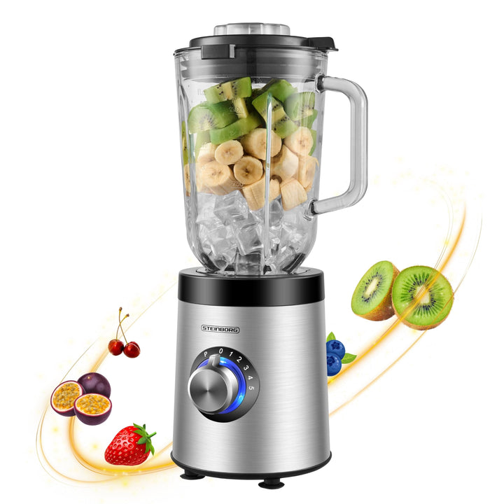 Standmixer | 800 Watt | 6-Fach Metallmesser | 1,5 Liter | 5 Stufen | Glas Edelstahl | Pulsfunktion |
