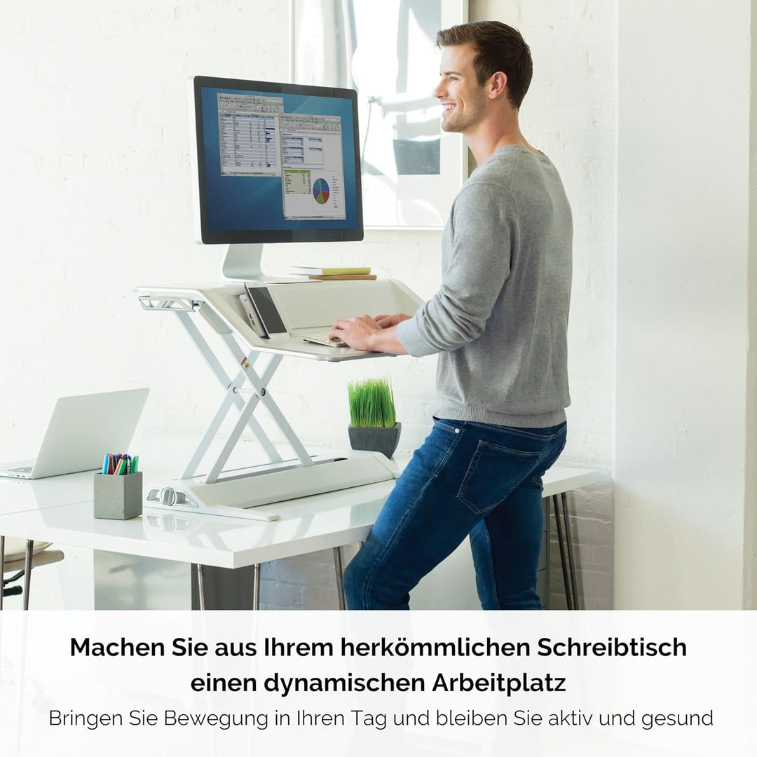 Fellowes höhenverstellbarer Sitz-Steh Schreibtischaufsatz Lotus DX, stufenlos höhenverstellbar mit S