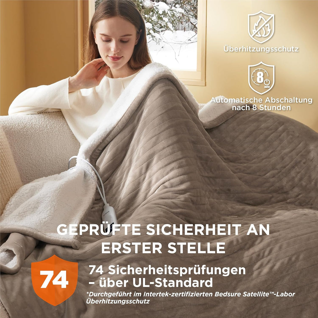BEDSURE Heizdecke mit Abschaltautomatik 130x180cm - Wärmedecke mit 6 Heizstufen & 10 Stunden Timer,