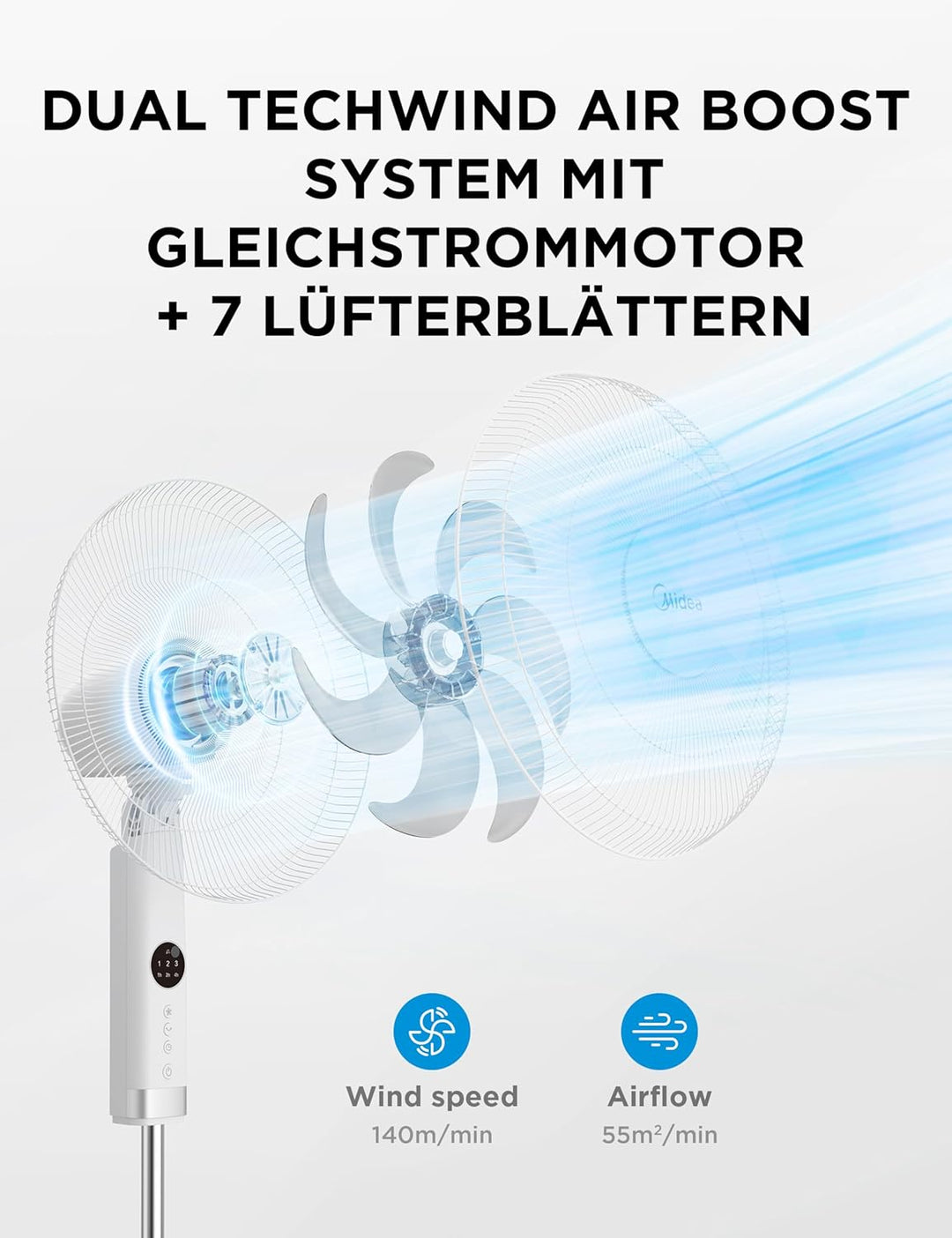 Midea FS40-23MR Standventilator mit 3 Geschwindigkeiten, Teleskophöhe und -grösse, Fernbedienung, du