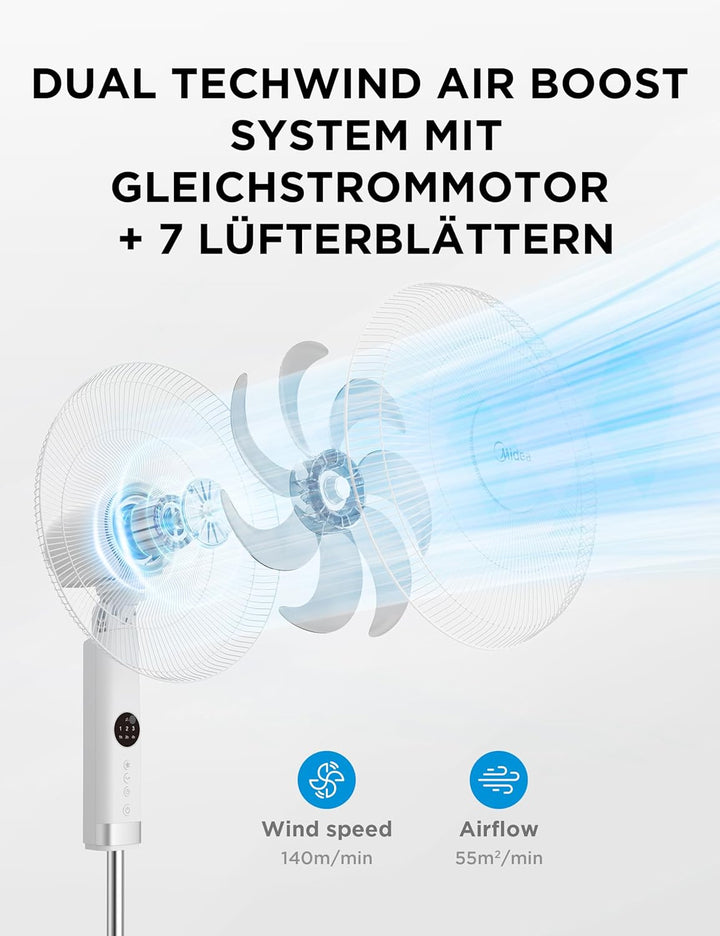 Midea FS40-23MR Standventilator mit 3 Geschwindigkeiten, Teleskophöhe und -grösse, Fernbedienung, du
