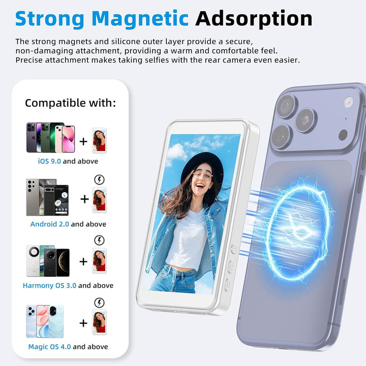 handlicher Selfie-Monitor-Bildschirm für iPhone & Android - Magnetischer Vlog-Selfie-Spiegel für Tel