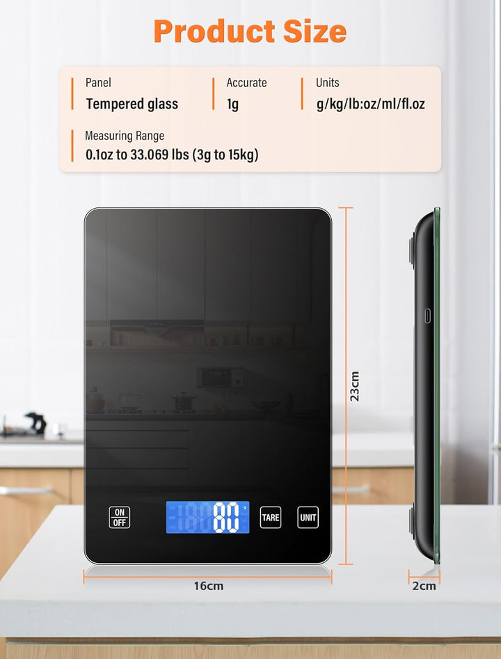 15kg Küchenwaage, Wiederaufladbare Digitale Küchenwaage, Glas Essenswaage mit LCD Display, Tara-Funk