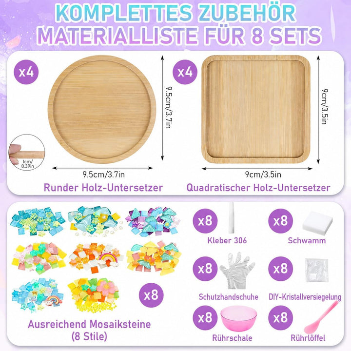 OGMBI 8er Set DIY Mosaik Bastelset Untersetzer, DIY Glasmosaik Set mit Bambus-Holzbasis für Erwachse
