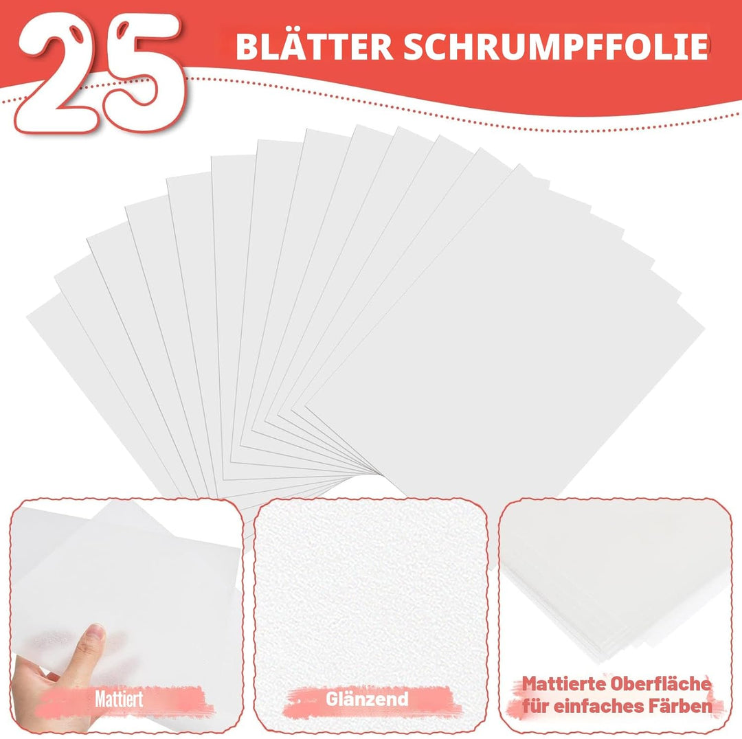 WOOWAIR 225 Stück Schrumpffolie Set, Inklusiv 25 Stück A4 Schrumpffolie zum Bemalen(20 x 29 cm), 100