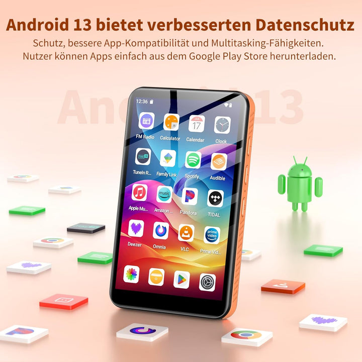 MP3 Player mit Bluetooth und WiFi, Android 13 MP3 MP4 Player mit 4“ Touchscreen und Lautsprecher, 4G