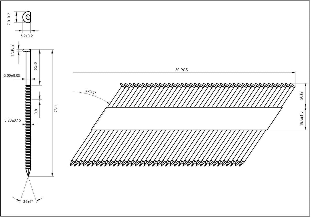 34° Halbkopf-Streifennägel - 3,1X75mm, 3.000 stück, Nägel für Druckluft-Nagler, D-Kopf, Ring/Verzink