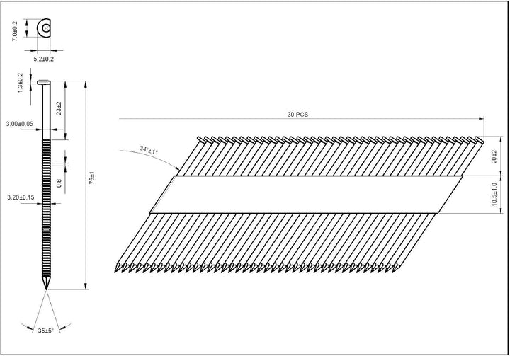34° Halbkopf-Streifennägel - 3,1X75mm, 3.000 stück, Nägel für Druckluft-Nagler, D-Kopf, Ring/Verzink