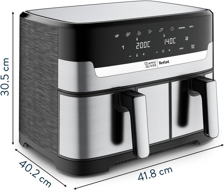 Jamie Oliver by Tefal Dual Drawer Heissluftfritteuse 8,3 L – Airfryer mit 2 Kammern & Grillfunktion,