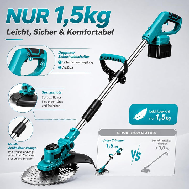 Akku Rasentrimmer & Freischneider, 21V Rasenkantenschneider mit 2 Akkus, Schnittbreite 23 cm, Verste