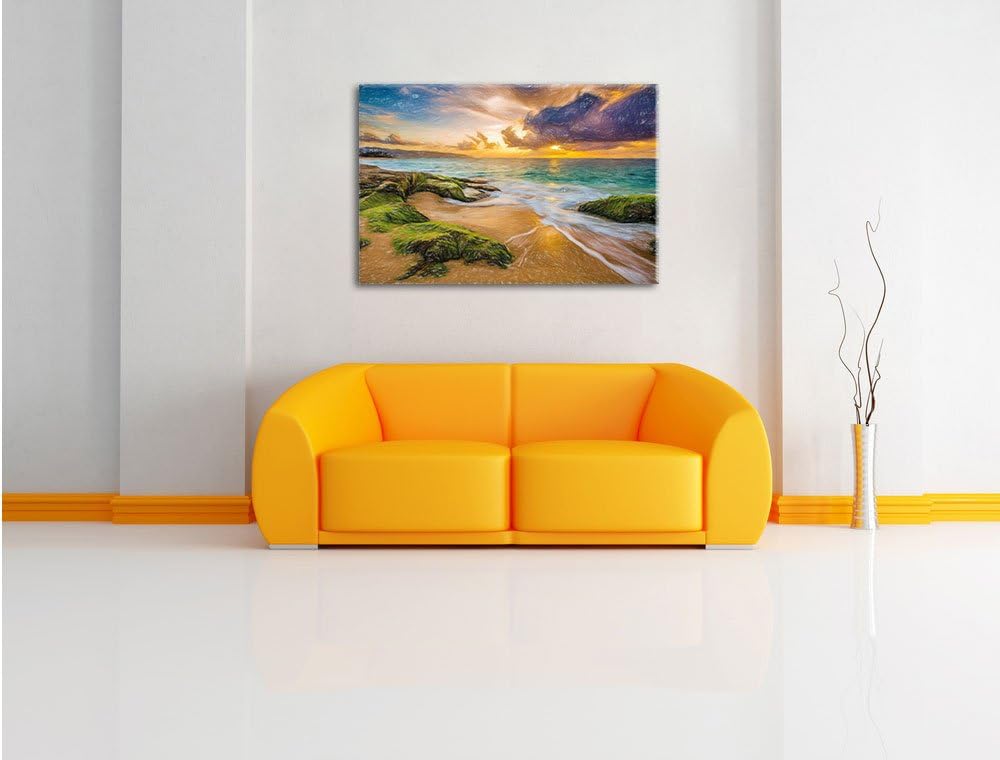Pixxprint Sonnuntergang auf Hawaii Kunst Buntstift Effekt, Format: 100x70 auf Leinwand, 100x70