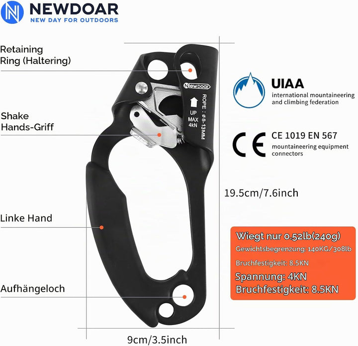 NewDoar UIAA &amp; CE-zertifizierte Handsteigklemme Seilklemme Ascension Kletterbaum Baumpfleger Abseile