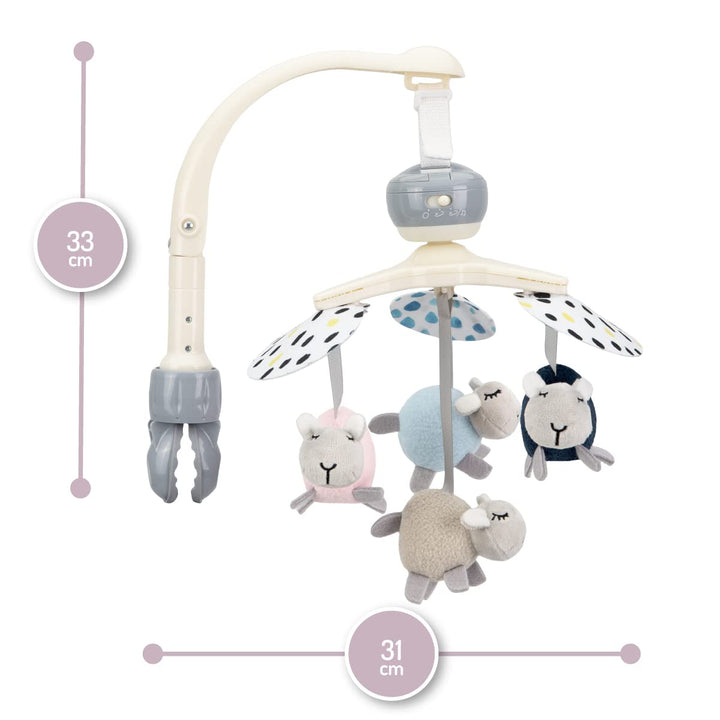 MoMi KIKI Baby-Mobile Spielkarussell mit 4 sensorischen Spielzeugen, schnelle Montage, 5 Melodien +