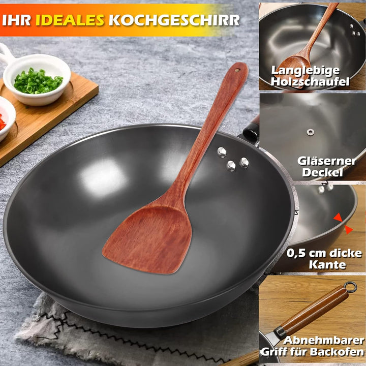 Wokpfanne mit Deckel, 33cm Wok Pfanne aus Karbonstahl zum Rühren und Braten mit Holzspatel, Wok aus