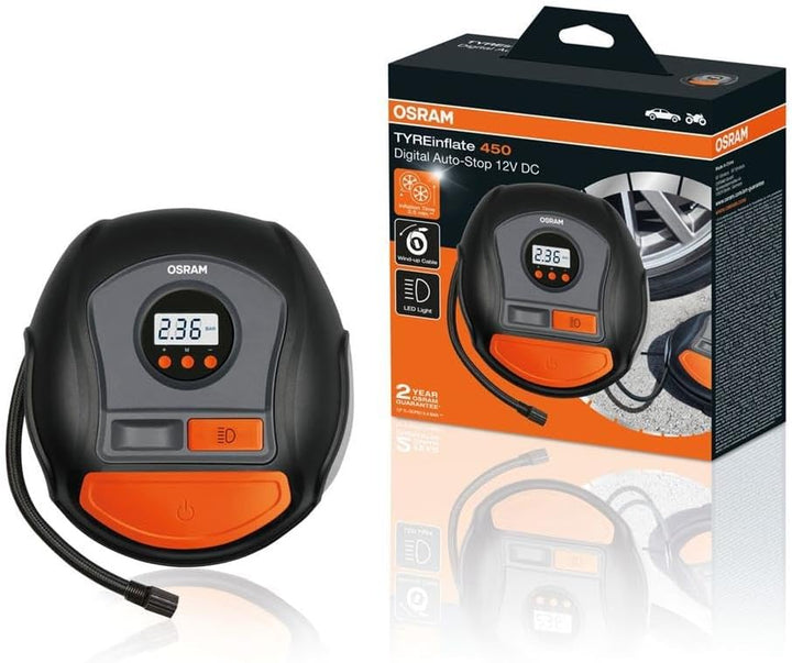 OSRAM TYREinflate 450, Digitale Reifenpumpe mit Auto-Stopp und LED Licht, tragbarer 12V Kompressor f