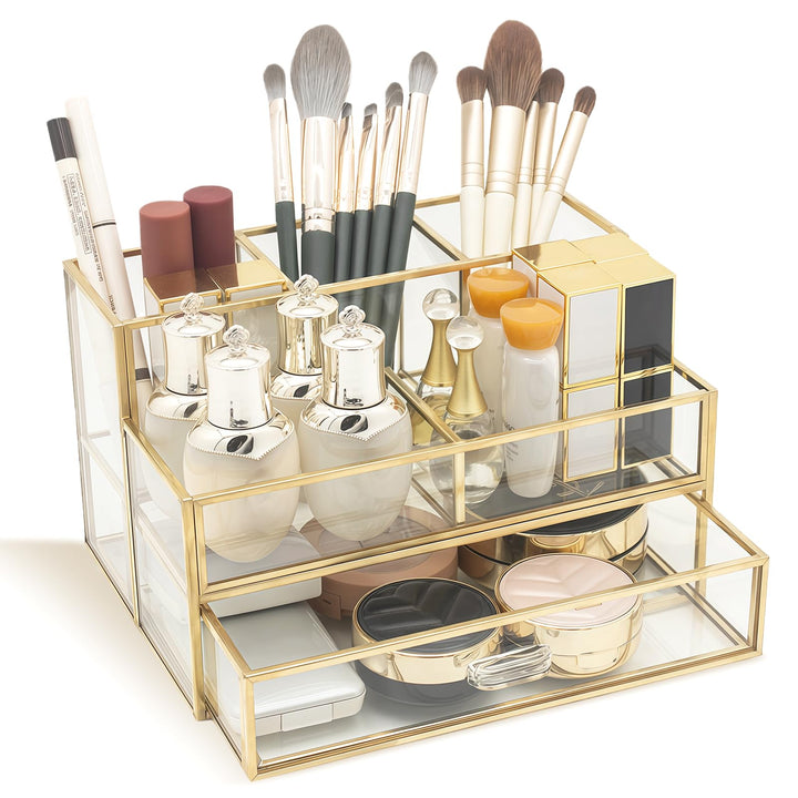 HARLIANGXY Kosmetik Organizer mit schubladen, Make up Organizer Gold, Make up Pinselhalter Glas, Bea