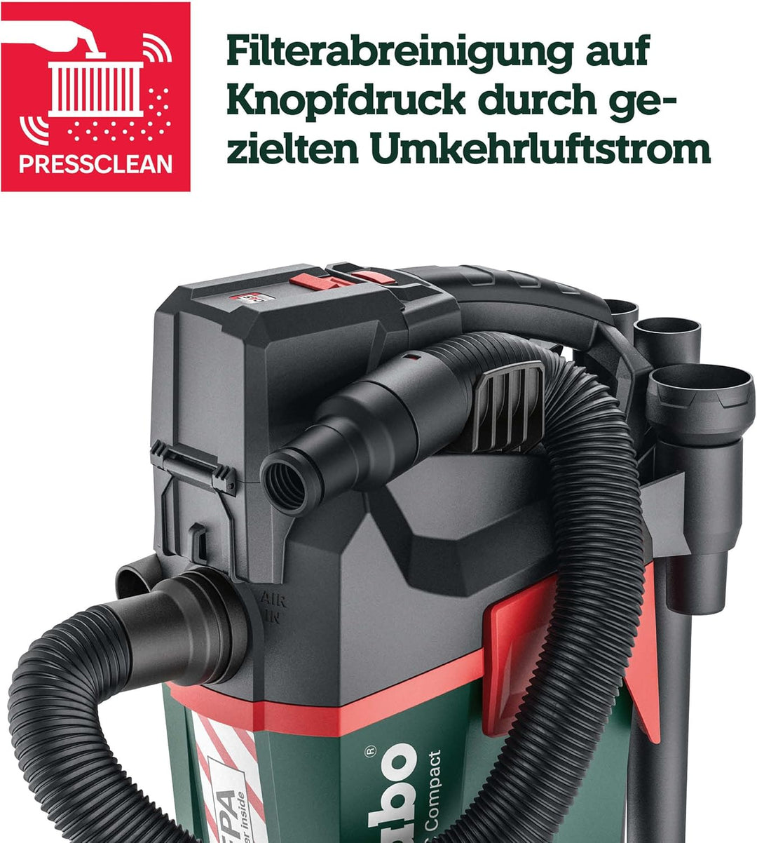Metabo AS 18 HEPA PC Compact Akku-Sauger 18V - Karton- mit manueller Filterreinigung und HEPA Filter