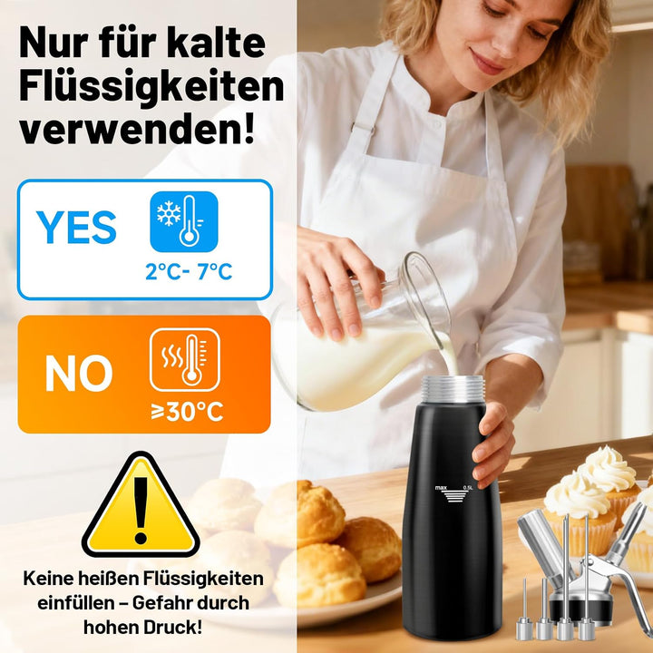 Sahnespender,Sahnesyphon Aluminium 500ml für Schlagsahne,Cremes,Desserts und Sossen mit 3 Edelstahl