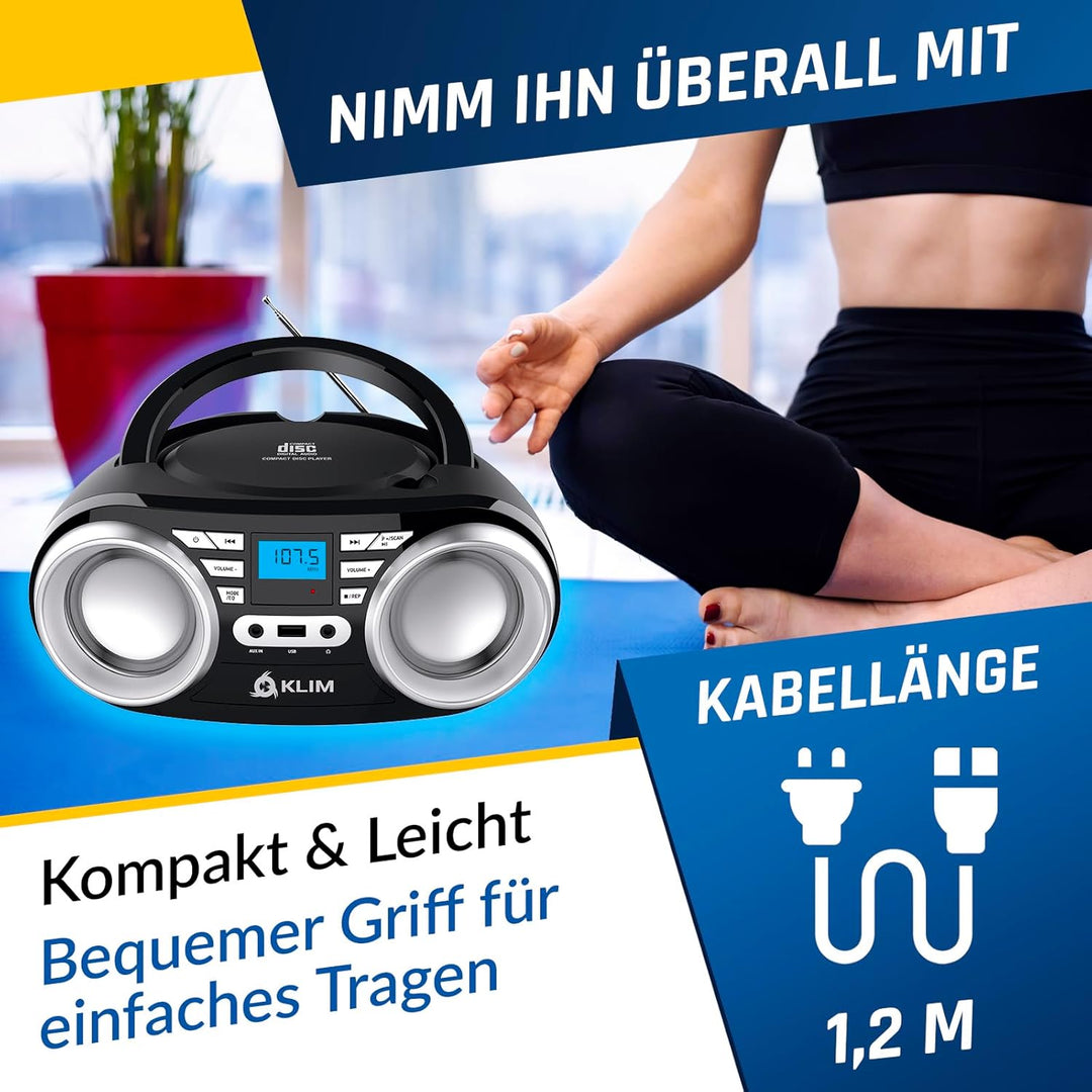 KLIM B3 Tragbarer CD Player Bluetooth Boombox mit FM-Radio, Bluetooth, USB und AUX - Hochwertige Dua