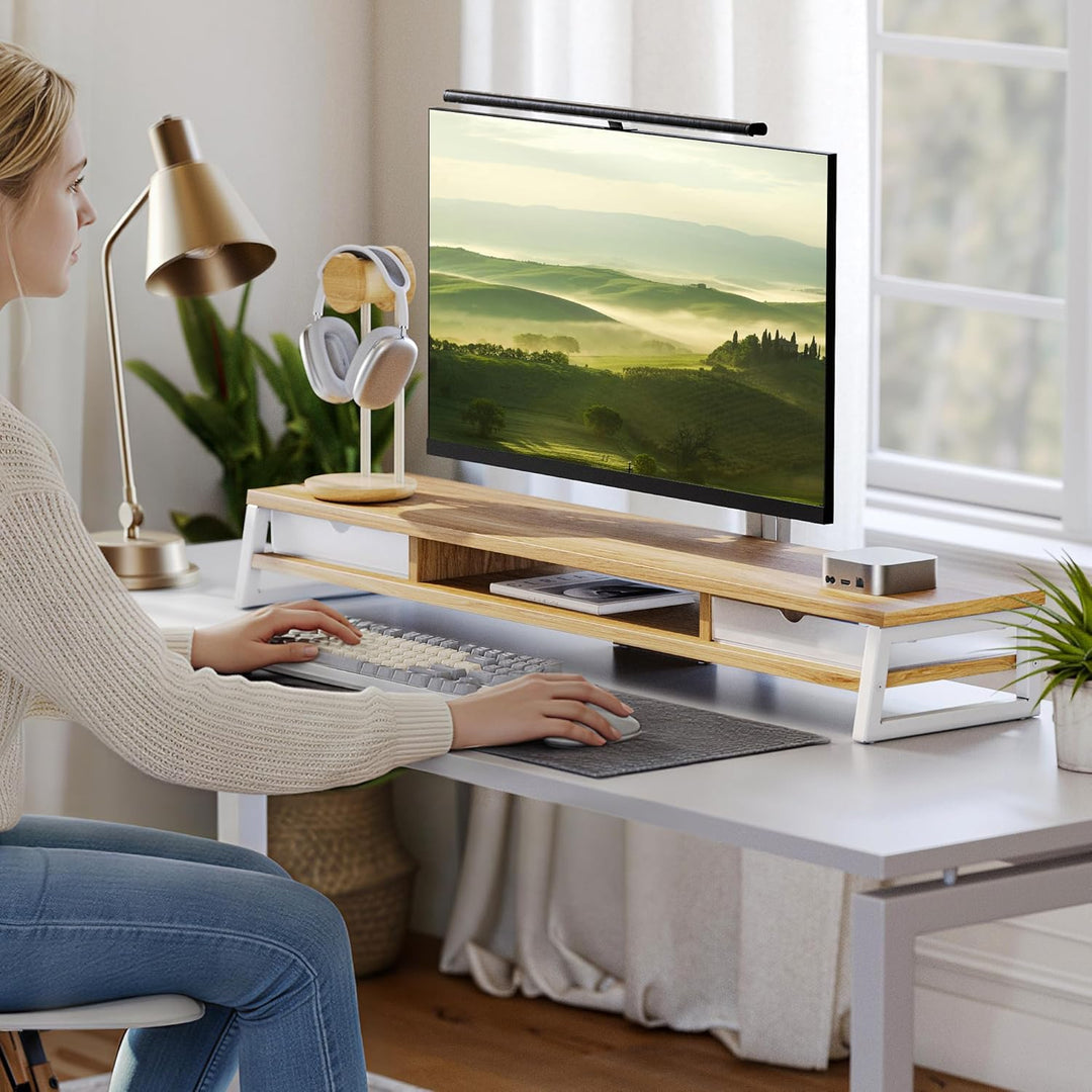 Fenge Dual Monitorständer Riser mit 2 Acryl Schubladen, 2 Etagen 108cm Computer Bildschirmständer fü