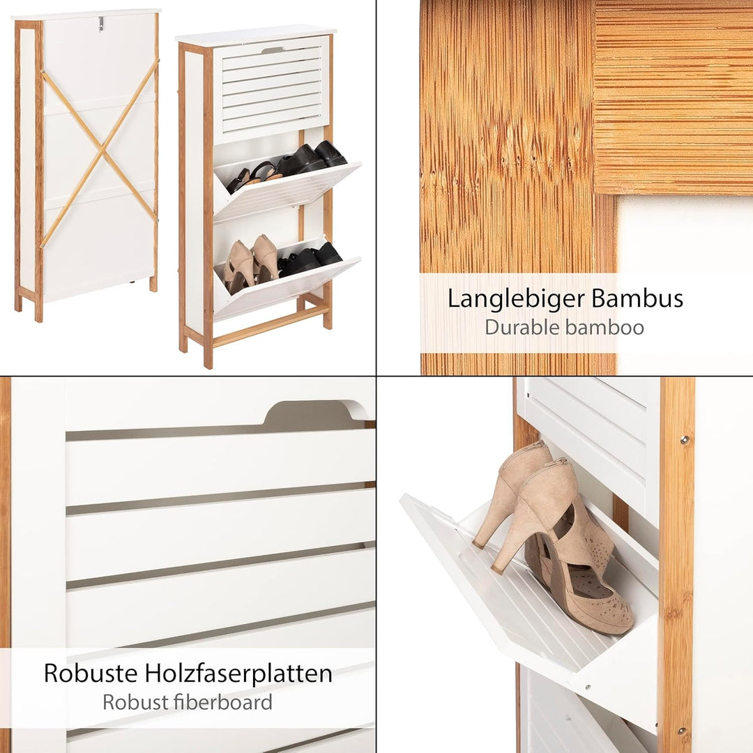 ONVAYA® Bambus Schuhkipper in Weiss | Platzsparender Schuhkipper mit 3 Klappen | Schmaler Schuhschra
