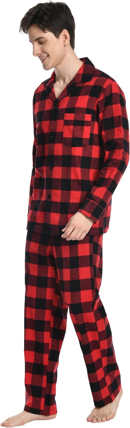 Nutria Herren Schlafanzug Flanell, 100% Baumwolle Karierter Pyjama Set Weich Warm Loungewear Nachtwä