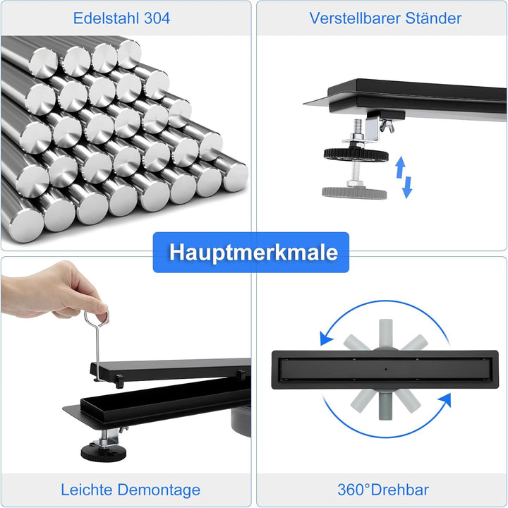 Duschrinne Befliesbar 60cm Schwarz Matt, 360°Siphon mit Geruchsstop und Haarsieb, 304 Edelstahl Abla