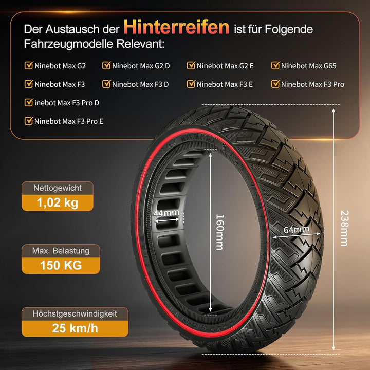 60/65-6,9 Ersatzräder Vollgummireifen 10 Zoll Solide Reifen für Ninebot Max G2 G2D G2E G65 F3 F3 Pro